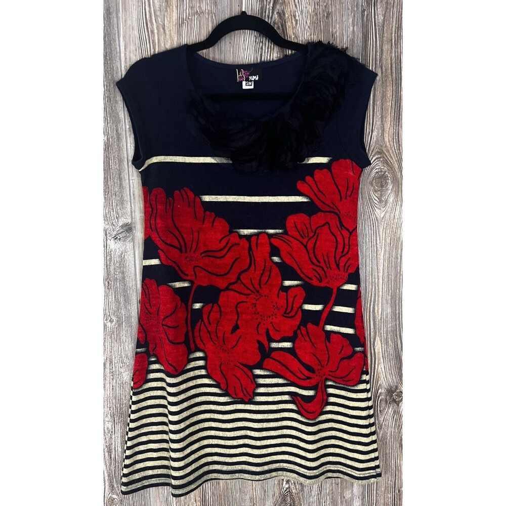 VTG Yumi Short Dress S/M Black/Beige Stripe‎ Red Floral Acrylic/Wool Cap Sleeve